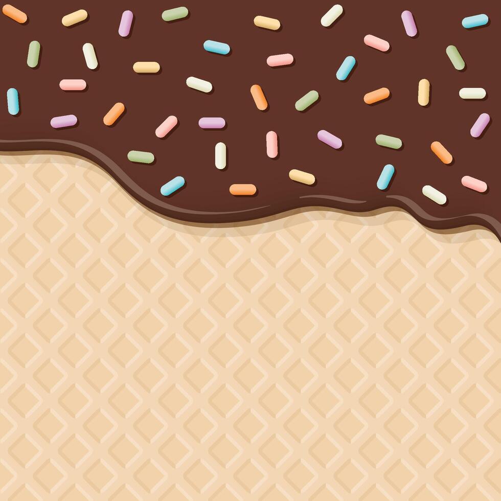 Melted milk chocolate ice cream with colorful sprinkles sugar topping pouring on ice cream cone texture square background graphic illustration. vector