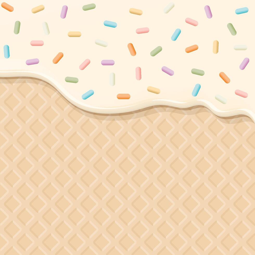 Melted vanilla ice cream with colorful sprinkles sugar topping pouring on ice cream cone texture square background graphic illustration. vector