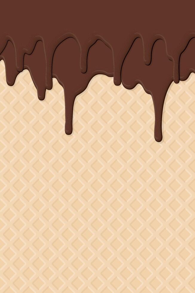 Melted chocolate ice cream drop on ice cream cone texture vertical background graphic illustration have blank space. vector