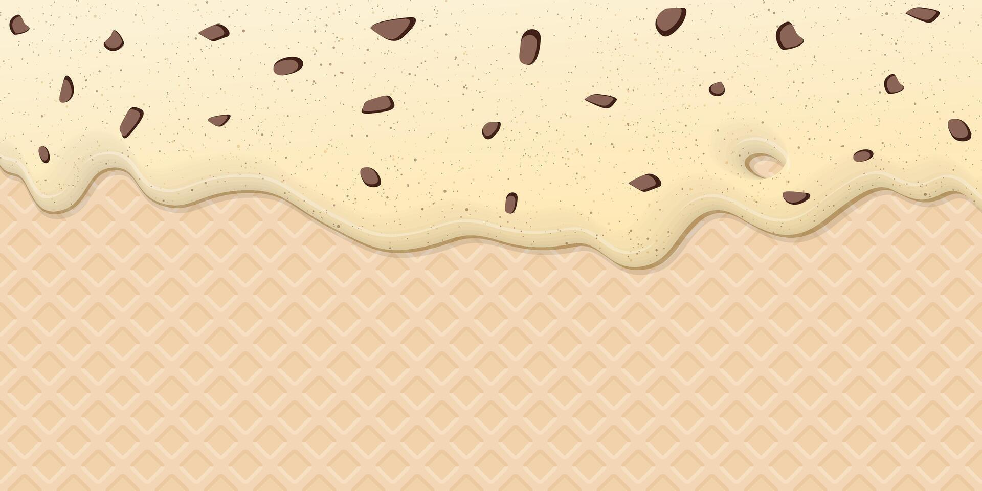 Melted chocolate chip ice cream drop on ice cream cone texture background graphic illustration have blank space. vector