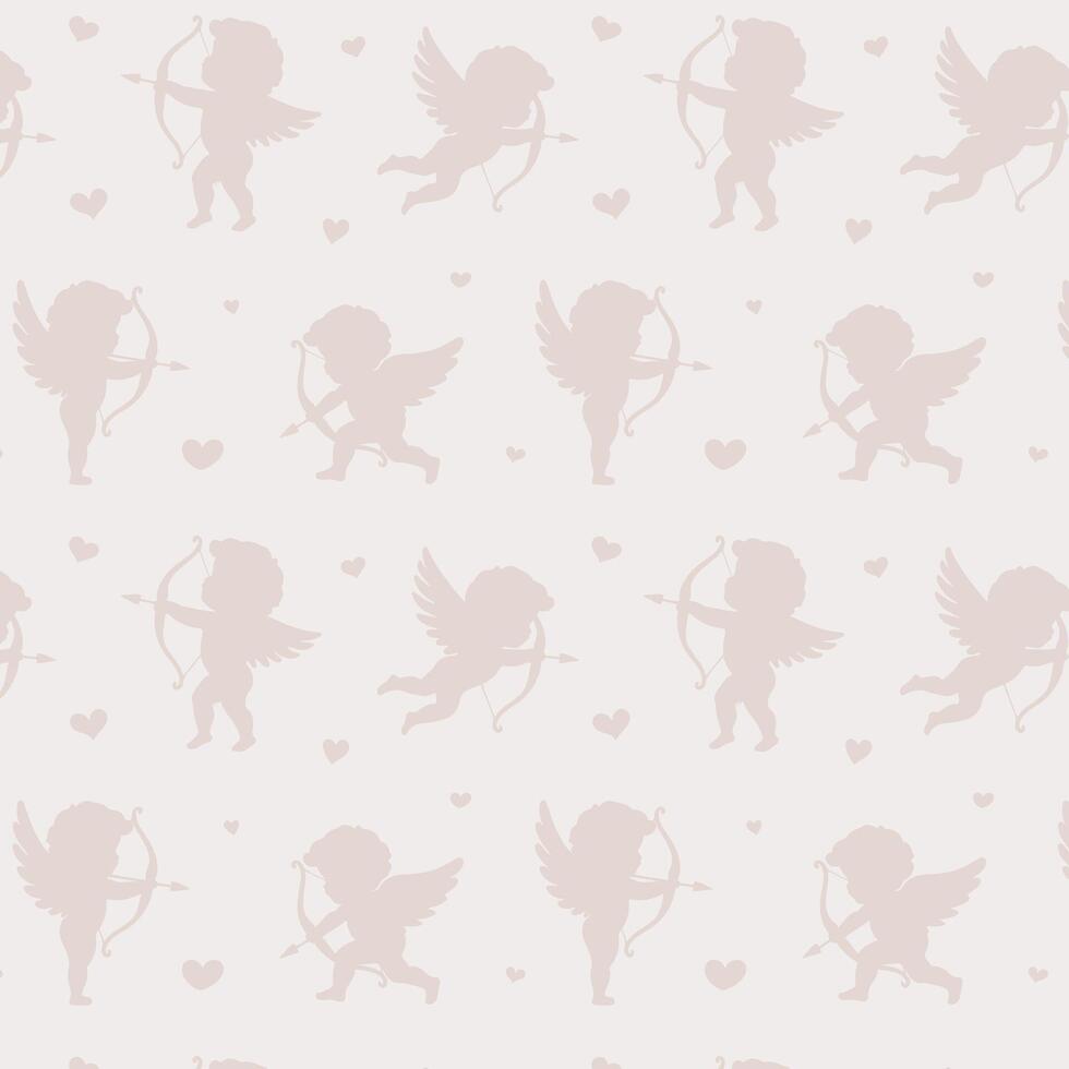 Romantic seamless pattern with cupid silhouette with bows, arrows, and hearts. Perfect for Valentine's Day cards, scrapbooking, invitations, posters, stickers, and romantic designs. vector