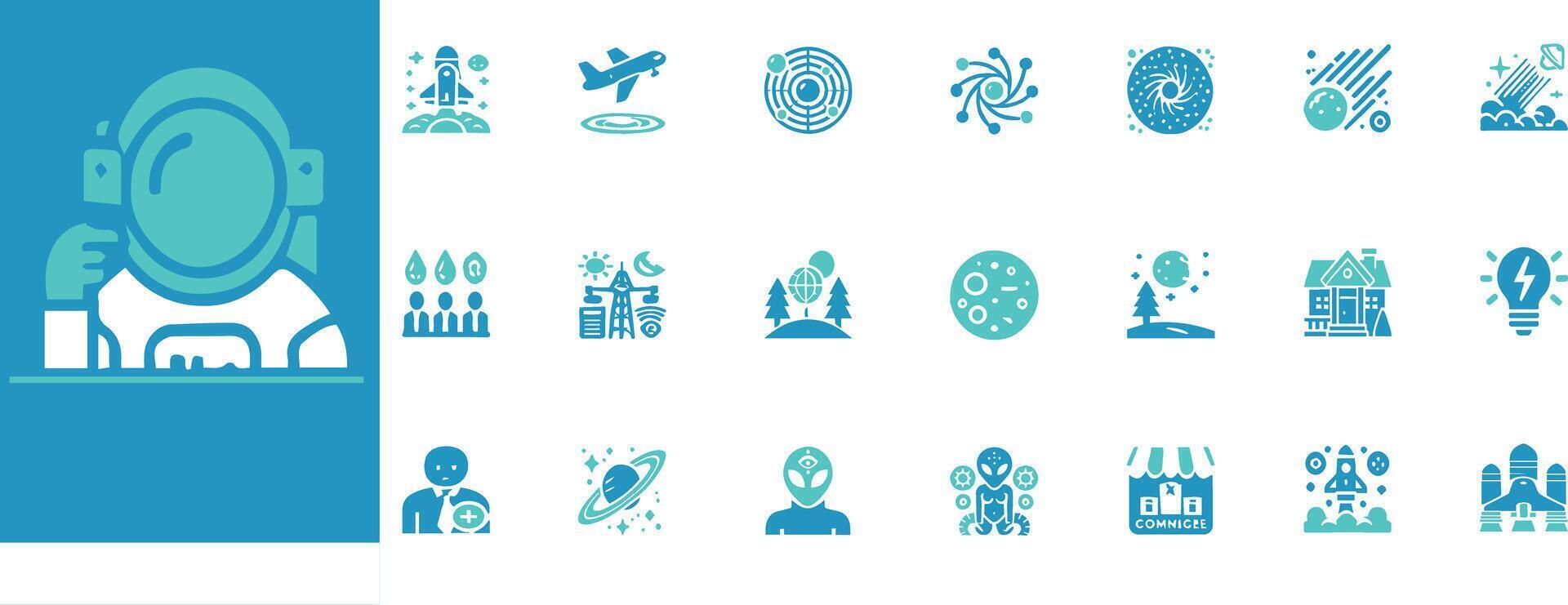 Space Exploration Icon Set Editable vectors featuring rockets, planets, satellites, astronauts, and cosmic designs