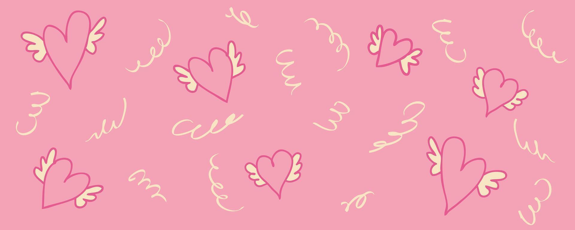 Valentine's Day horizontal banner template with flying hearts and serpentine. Festive celebration design for card, invitation, label, sale. Hand drawn illustration. vector