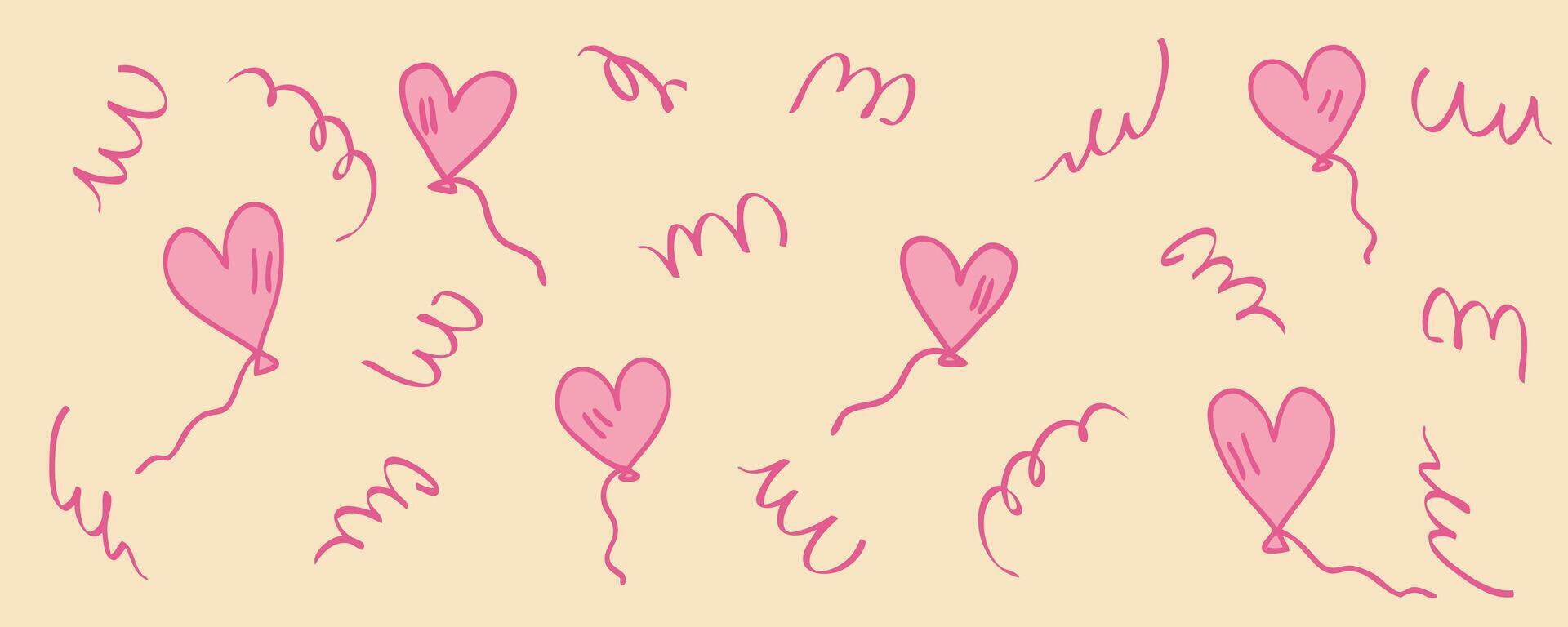 Valentine's Day horizontal banner template with heart shaped flying balloons and serpentine. Festive celebration design for card, invitation, label, sale. Hand drawn illustration. vector