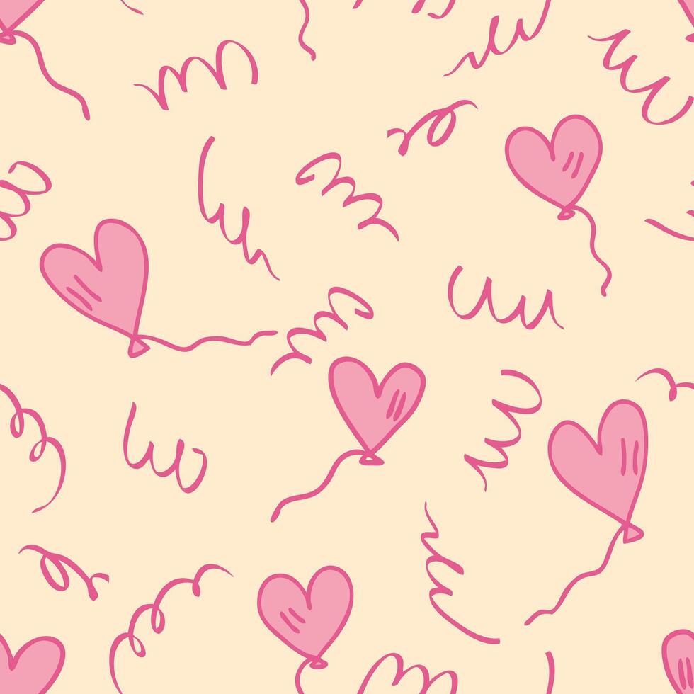 Valentine's Day seamless pattern with heart shaped flying balloons and serpentine. Festive celebration print for textile, fabric, card, sale. Hand drawn illustration. vector
