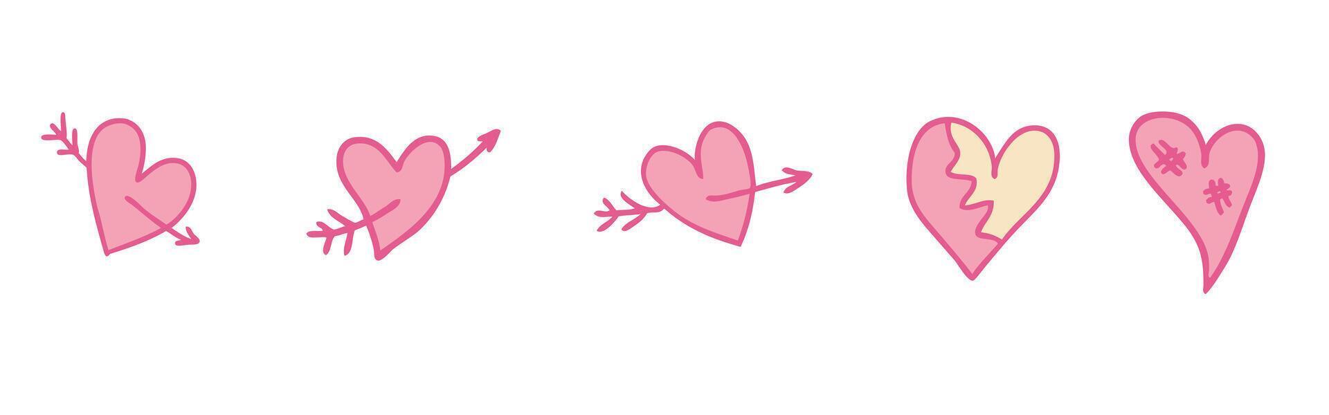 Valentine's Day elements collection with arrow pierced broken hearts. Perfect for sticker, card, label, sale. Hand drawn doodle illustration. vector