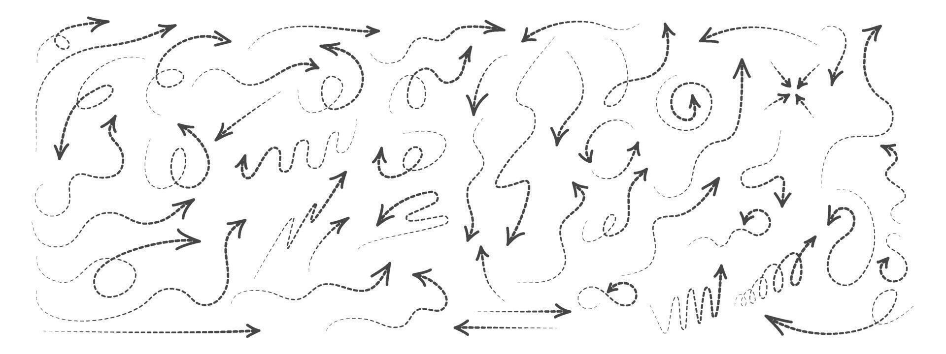 Set of curved arrows with dotted lines. A collection of zigzag arrows with dotted lines, curved pointers indicating a complex path . simple design. vector