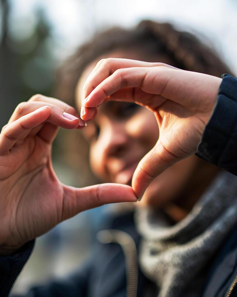 A woman making a heart shape with her hands photo