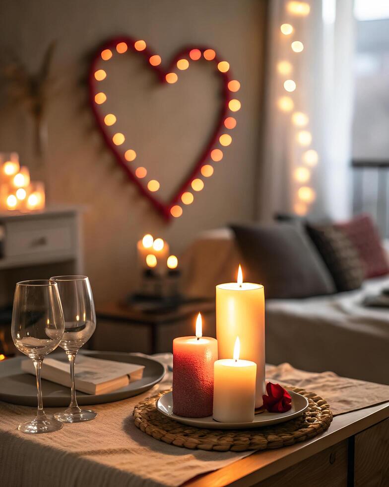 Candles and a heart shaped decoration on a table photo