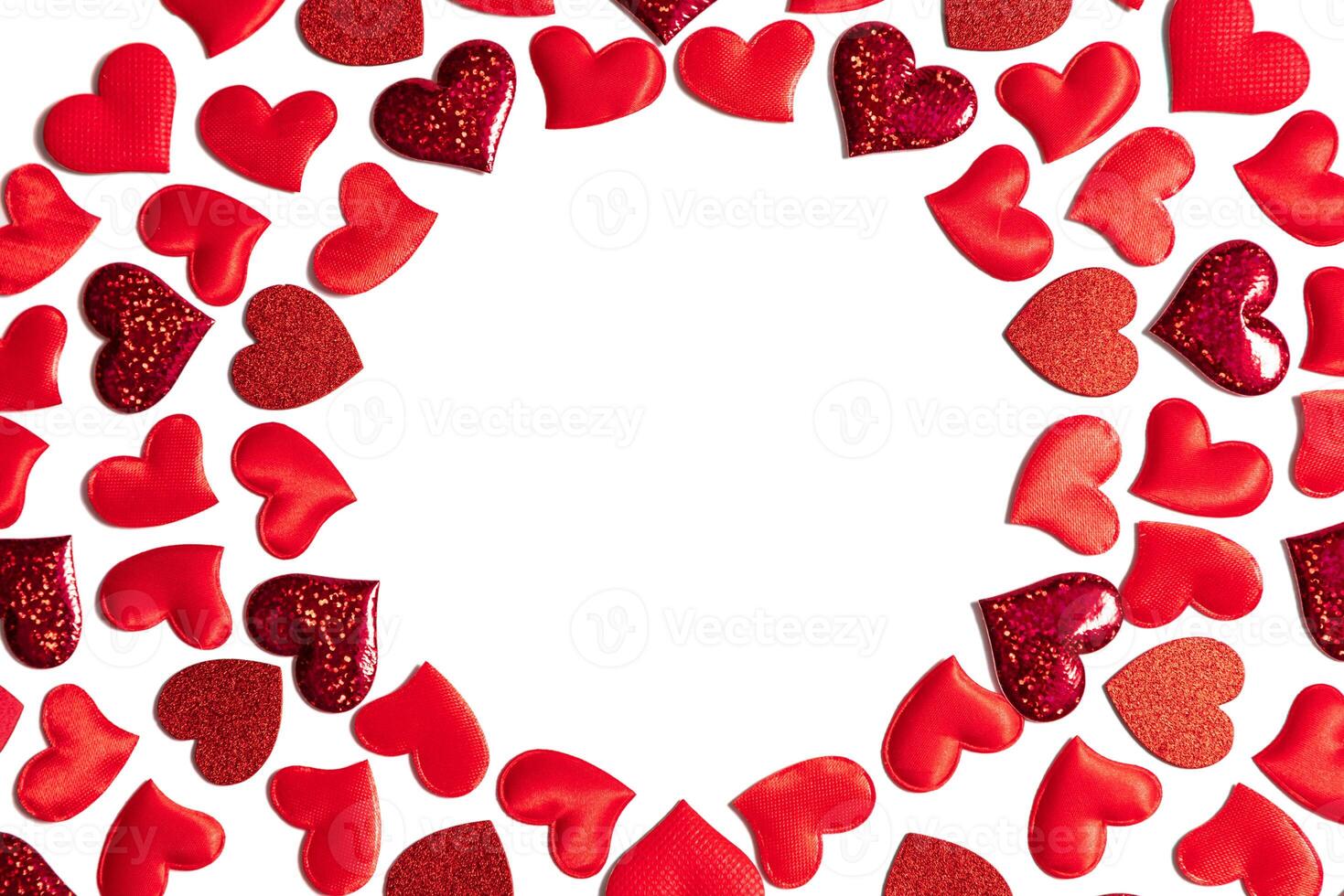 Glittering red hearts frame. Concept love banner, valentine's day greeting card, wedding invitation, birthday poster. Hearts romantic pattern for Happy Women's, Mother's, Day. Photo. Copy space photo
