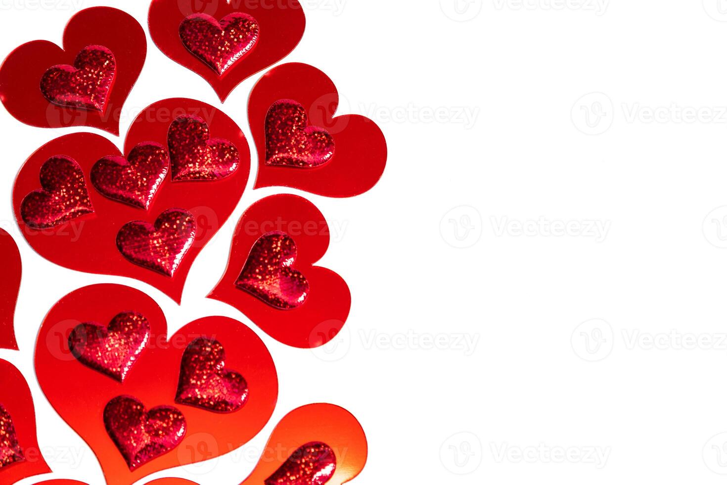Glittering red hearts background. Concept love banner, valentine's day greeting card, wedding invitation, birthday poster. Hearts romantic pattern for Happy Women's, Mother's, Day. Photo. Copy space photo