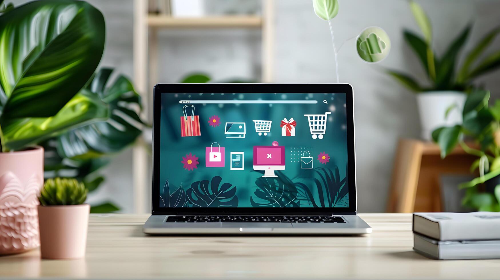 home office desk with plants and laptop screen displaying shopping cart photo