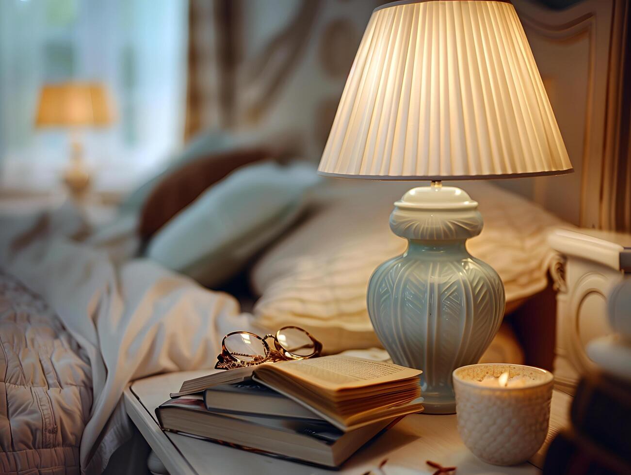cozy bedroom nightstand with lamp and book photo