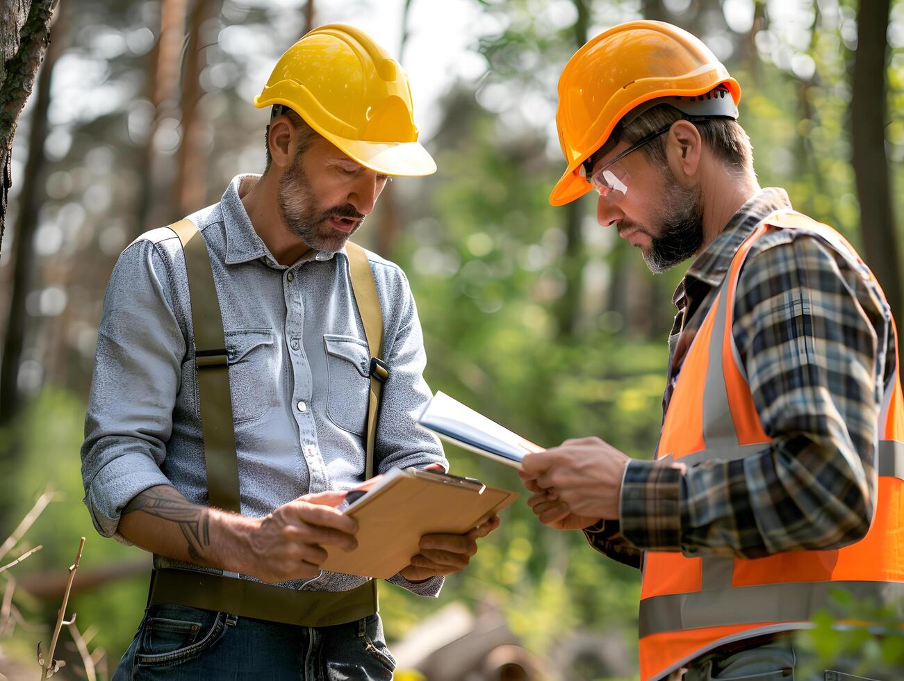 two construction workers reviewing plans on site photo