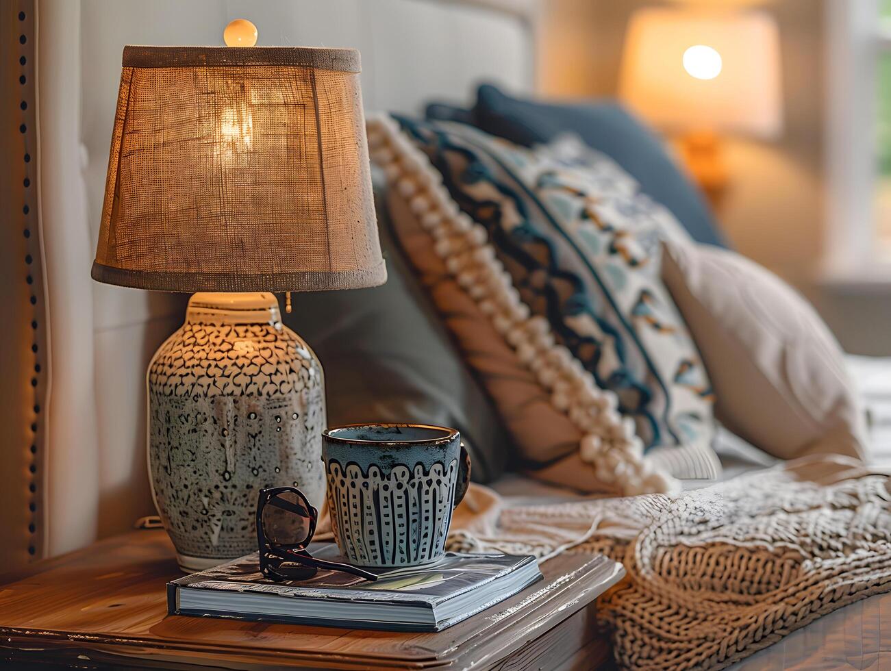 cozy bedside table with a lit lamp, books, and cushions in a warm room photo
