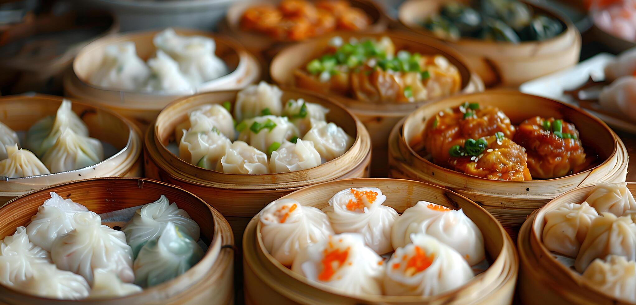 assorted dim sum in bamboo steamers on a table photo