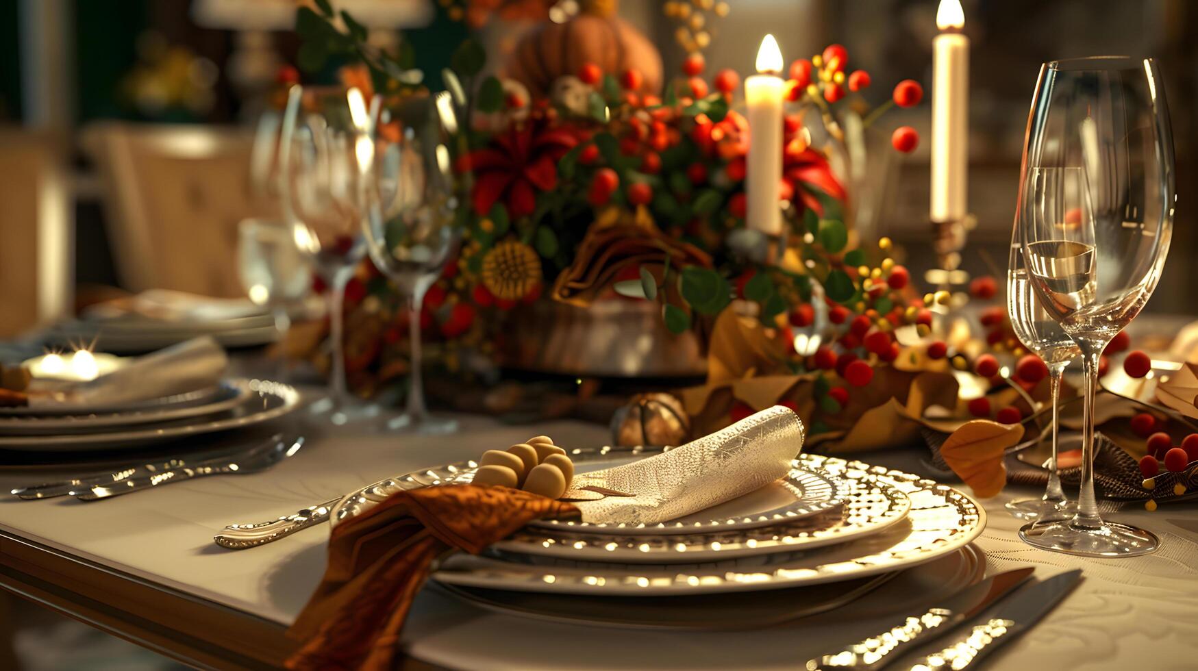 elegant holiday dining table setting with centerpiece photo
