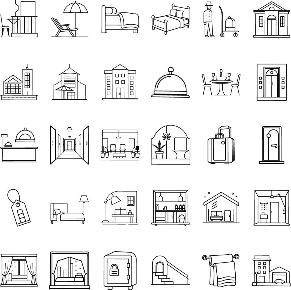 Hotel Amenities, Rooms, Services, and Building Icons Collection vector