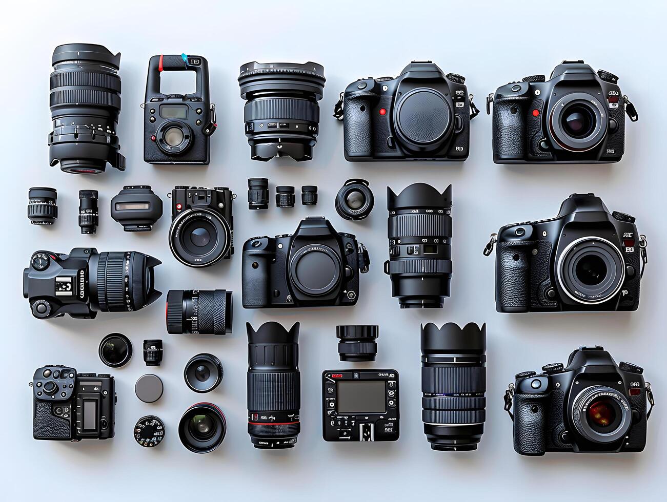 collection of cameras and lenses on white background photo
