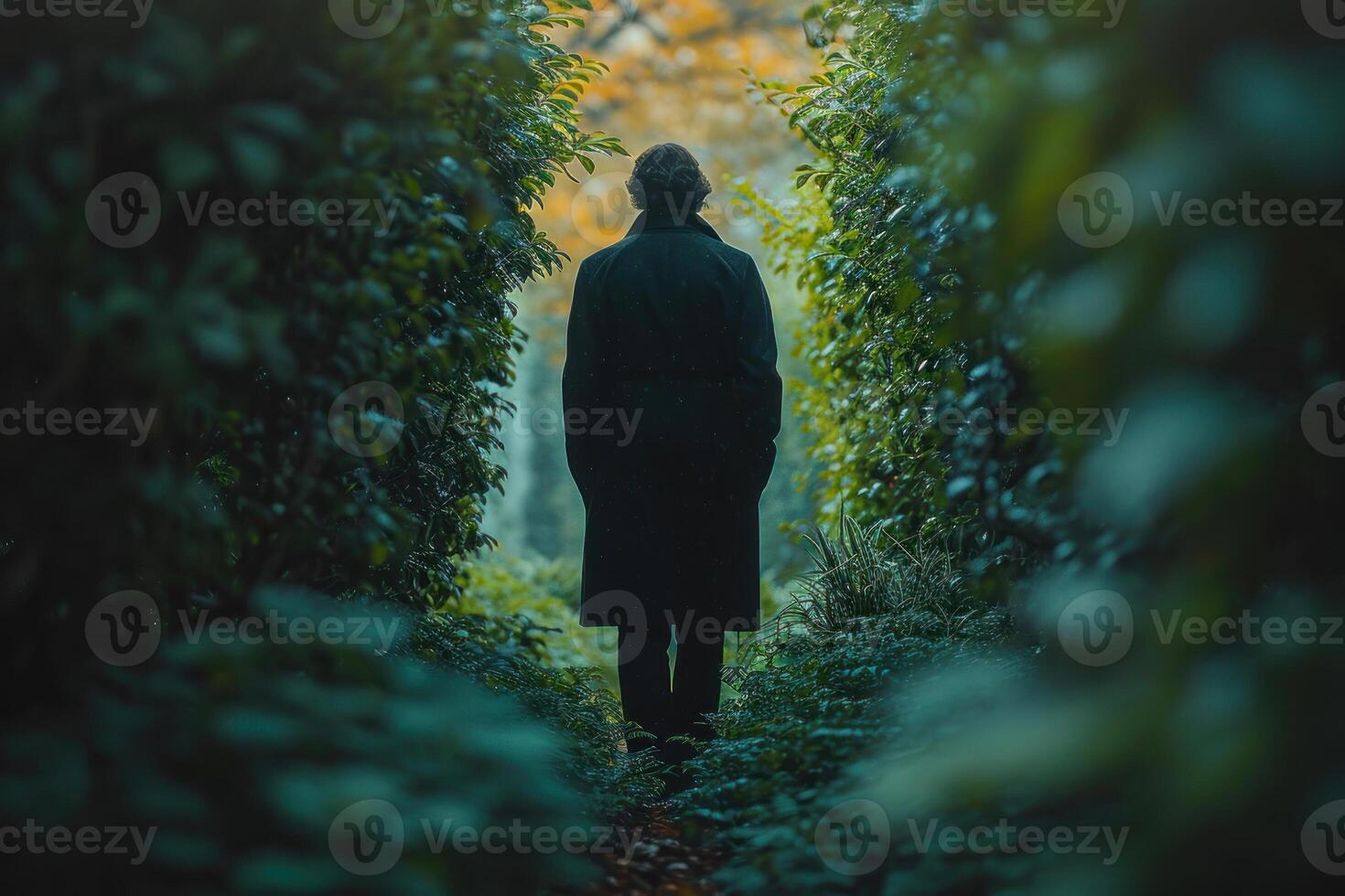 A man in a trench coat walking through a forest photo