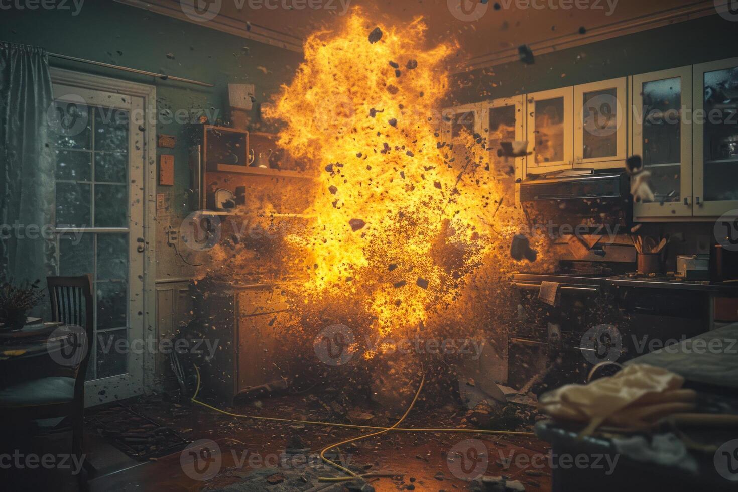 A kitchen is on fire with a large explosion photo