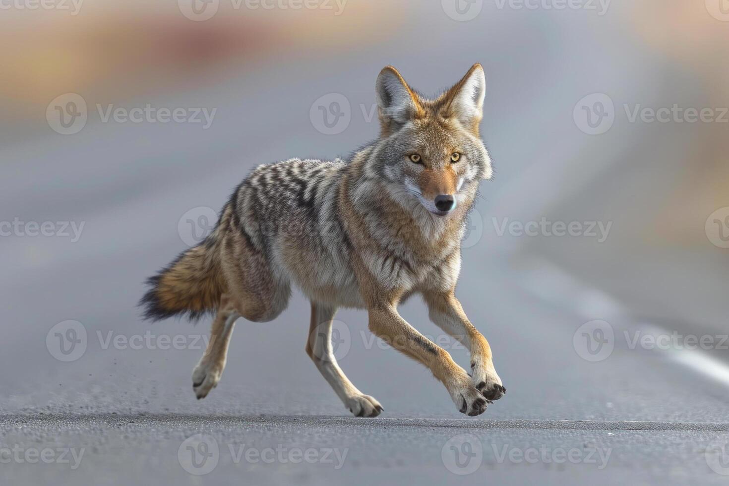 A coyote running across a road in the desert photo