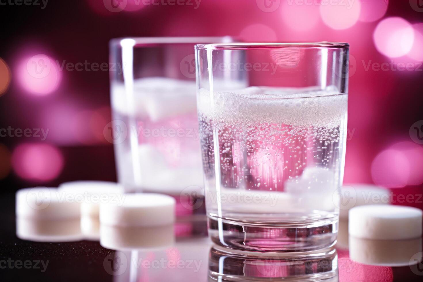 Two glasses of water with sugar cubes on a table photo