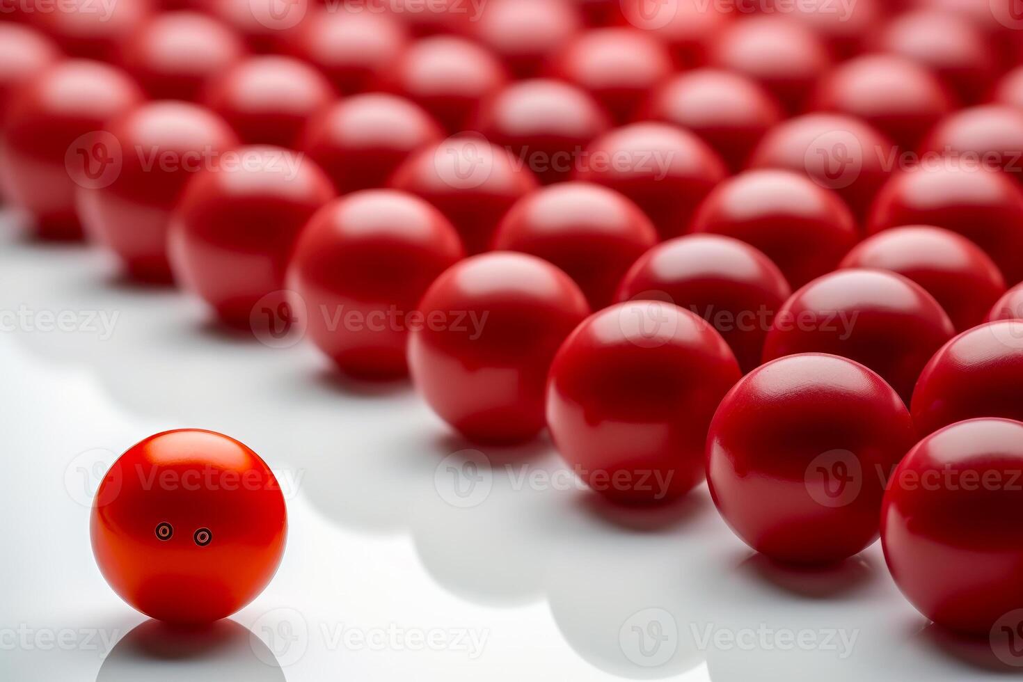 A red ball is standing out from a group of red balls photo