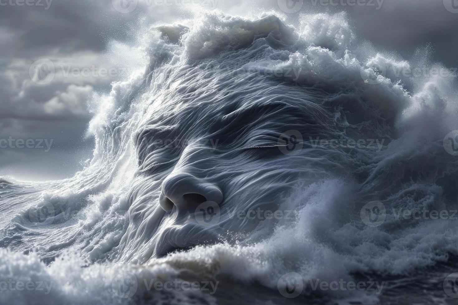 A face in the water with waves crashing over it photo