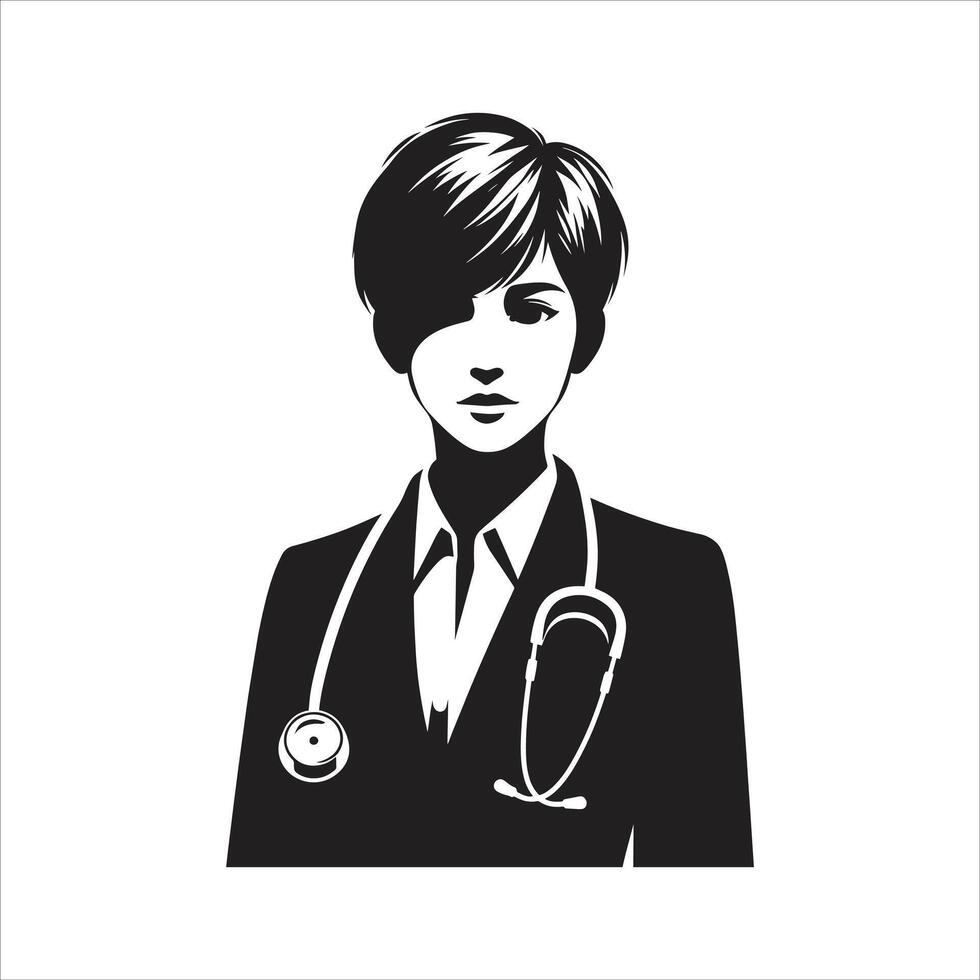A black and white illustration of a woman with a stethoscope vector