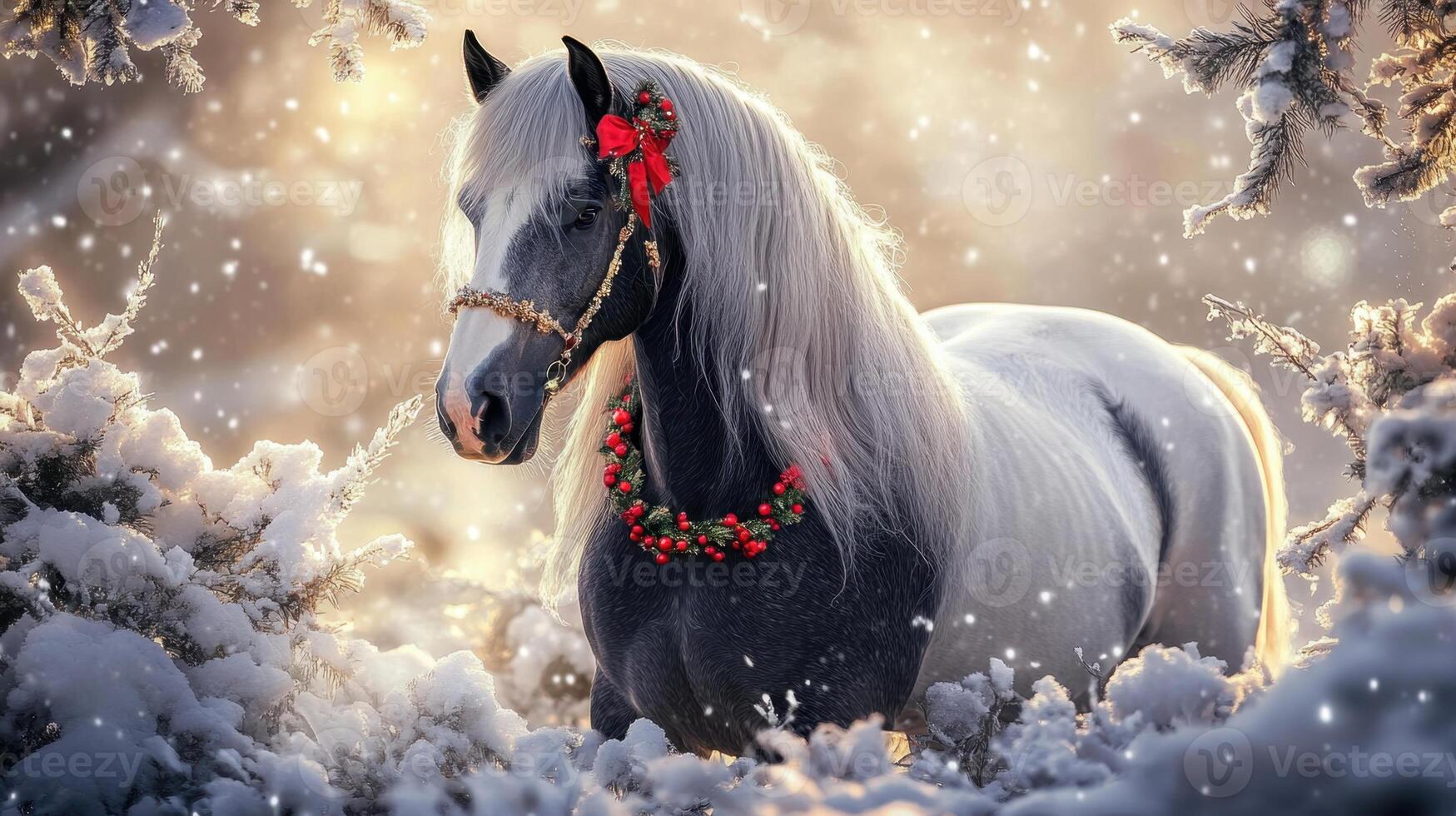 Majestic horse wearing christmas decorations in snowy winter wonderland photo