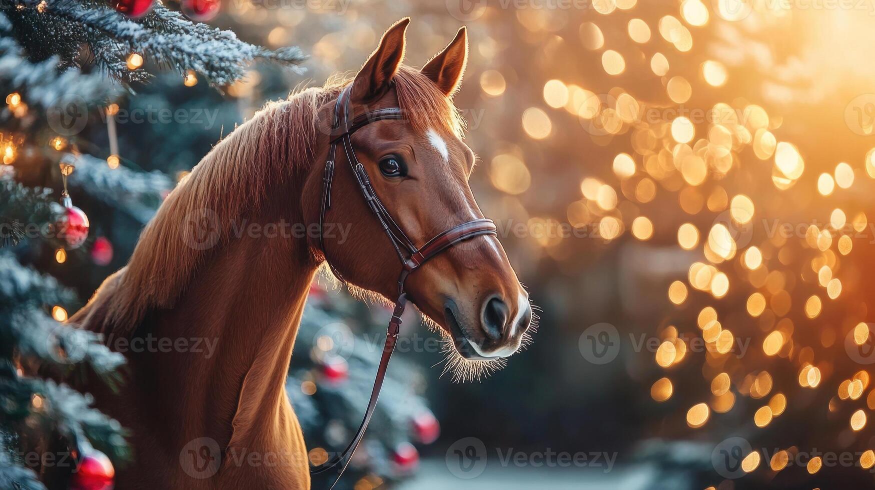 Beautiful chestnut horse wearing a bridle standing near a decorated christmas tree with golden bokeh lights in the background, creating a magical christmas atmosphere photo
