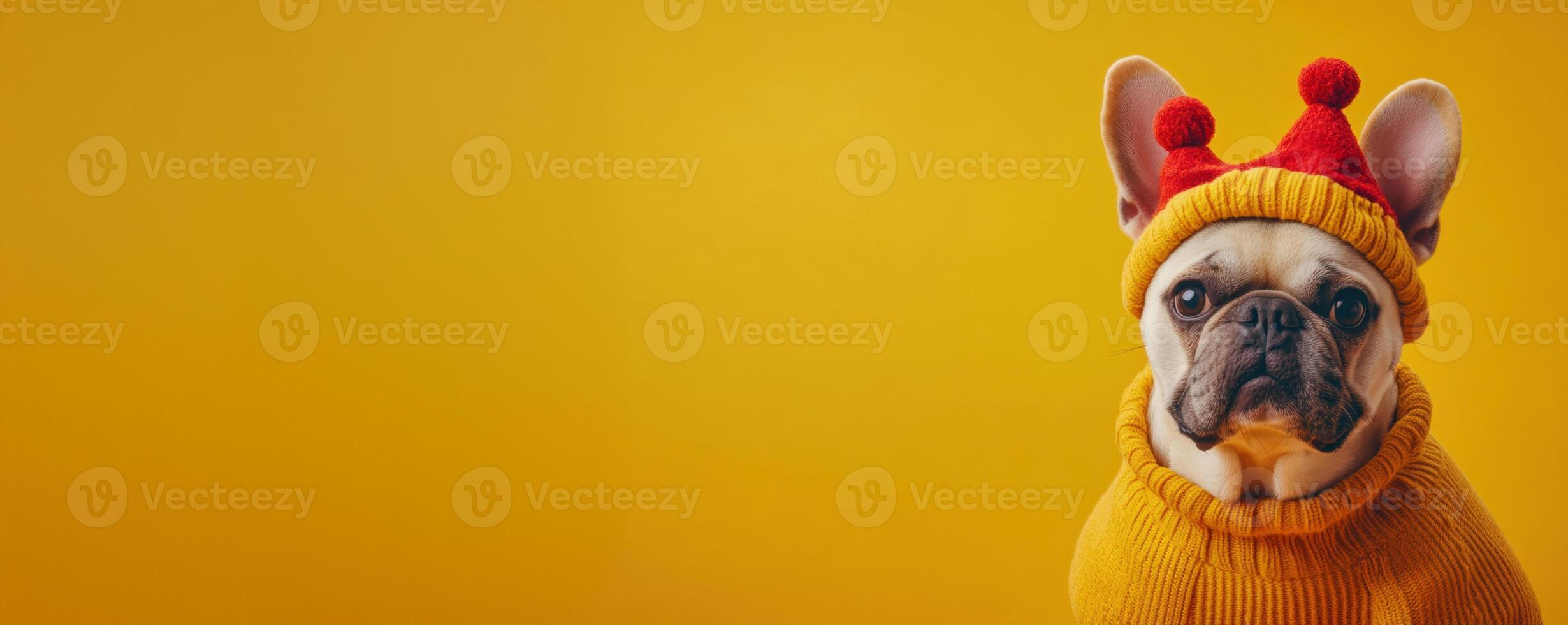 Adorable french bulldog wearing a yellow winter sweater and a red woolen hat posing on a vibrant yellow background photo