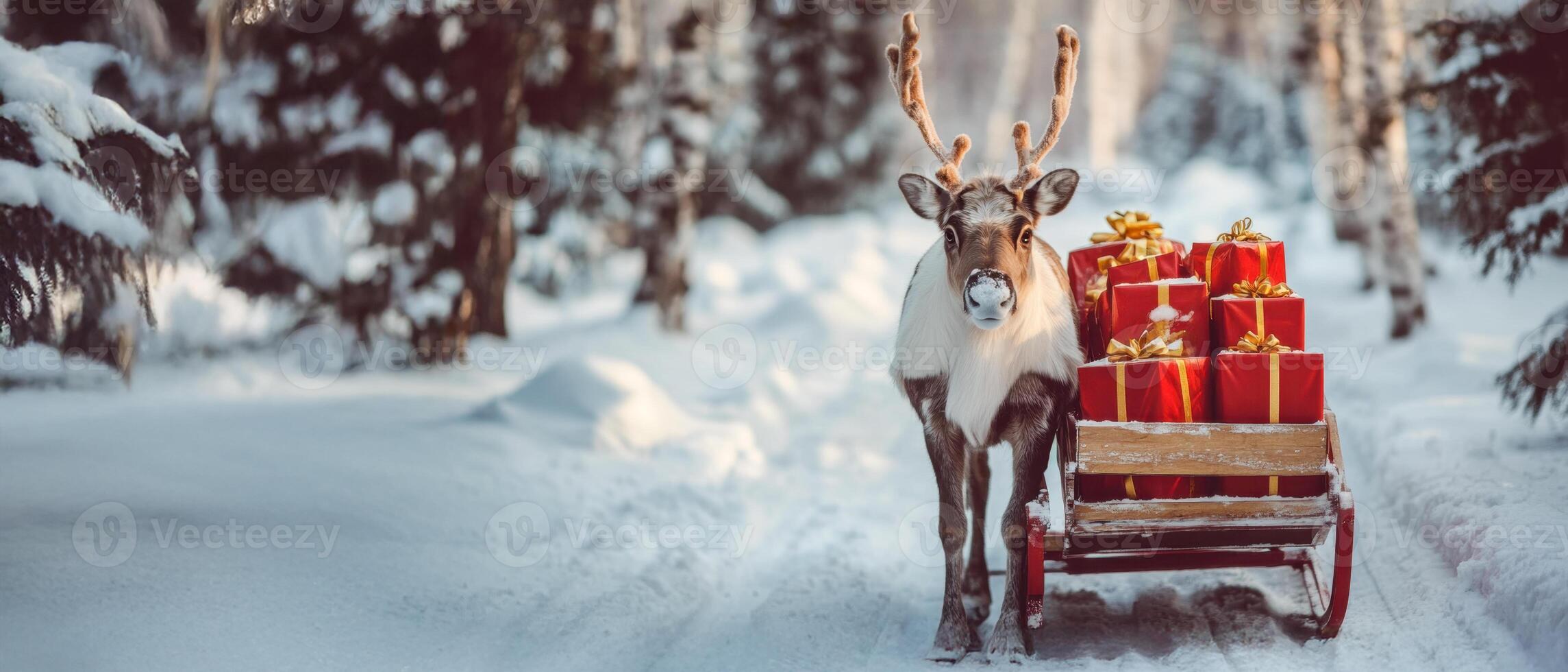 Reindeer pulling sleigh loaded with christmas gifts in a snowy forest, creating a magical winter scene photo