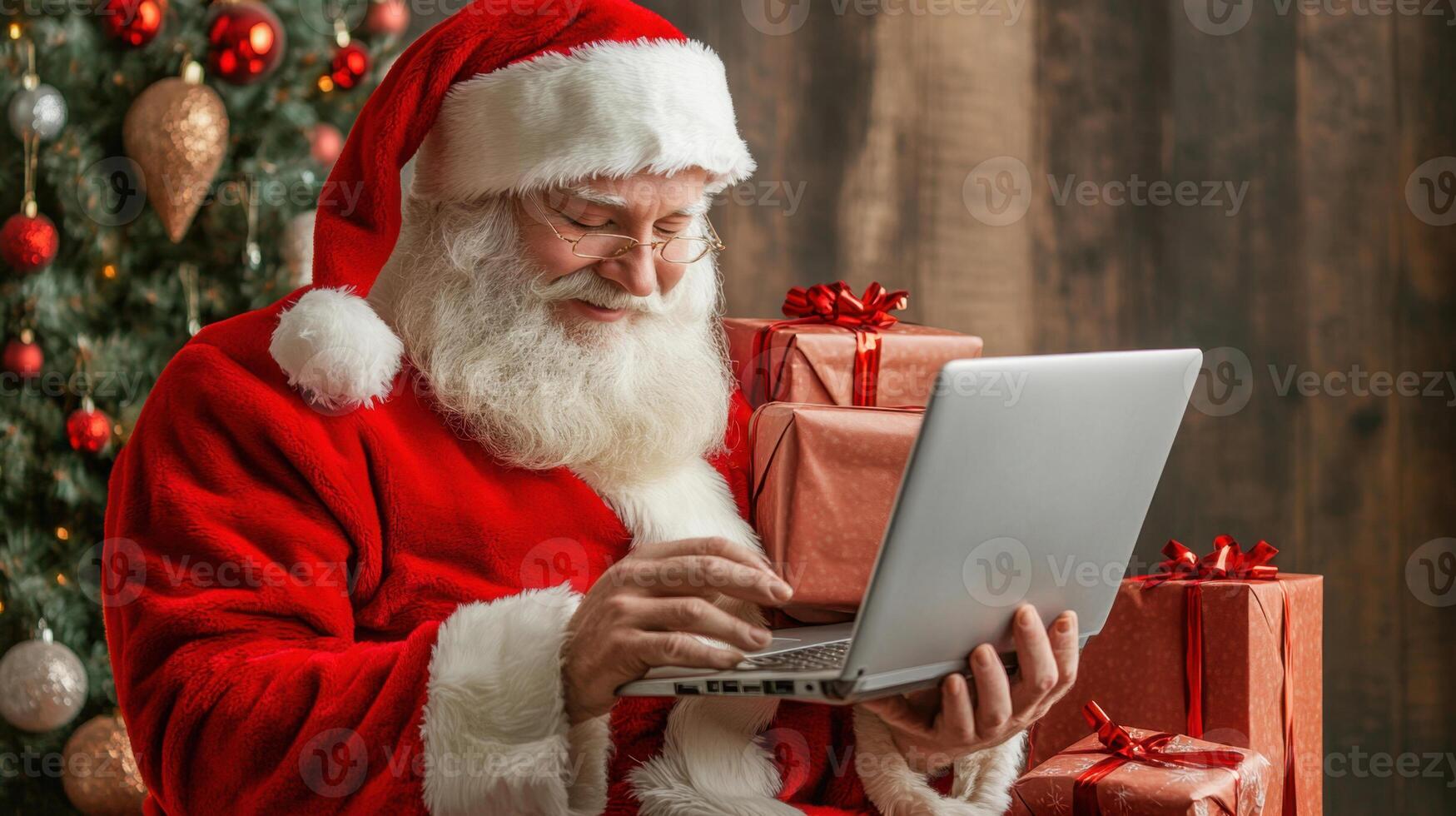 Santa claus using laptop near christmas tree and gifts photo