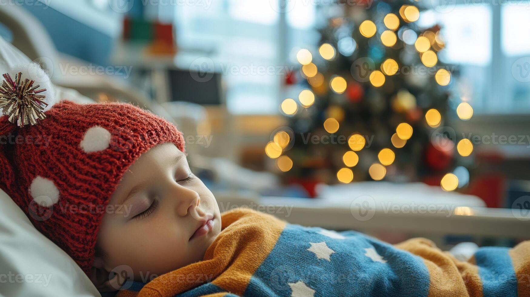 Child sleeping peacefully in hospital bed near christmas tree photo