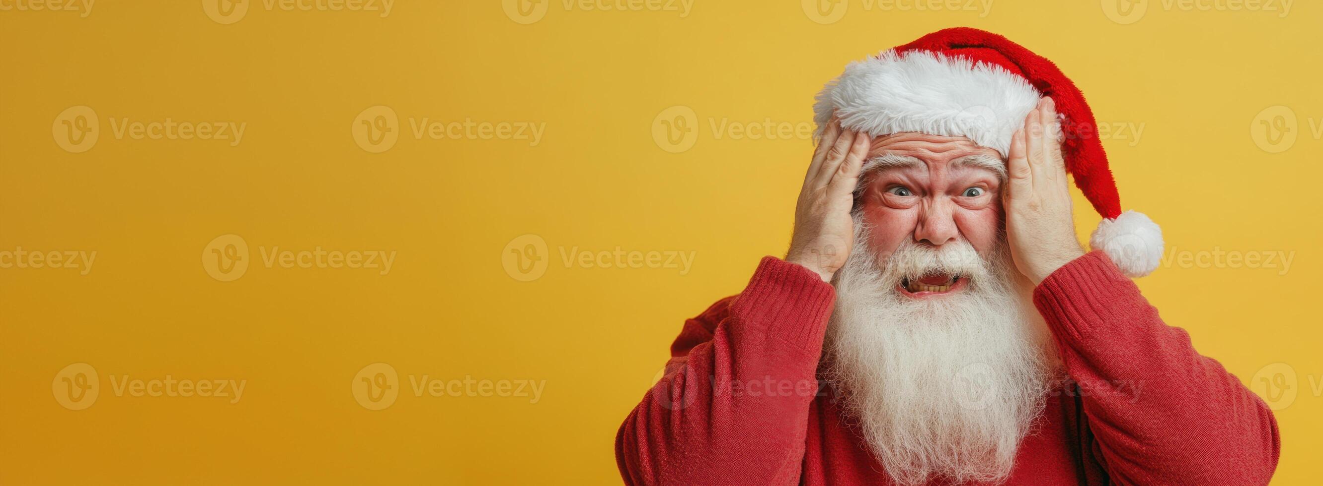 Santa claus experiencing shock and disbelief, holding his head with hands, against a vibrant yellow backdrop photo