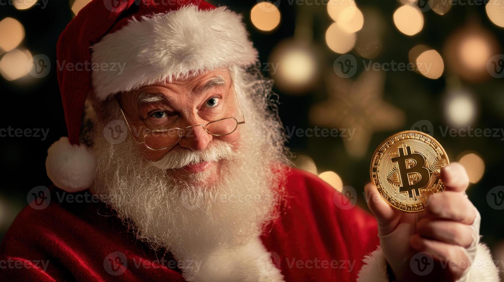 Santa claus showing bitcoin cryptocurrency gold coin in front of christmas tree bokeh lights photo
