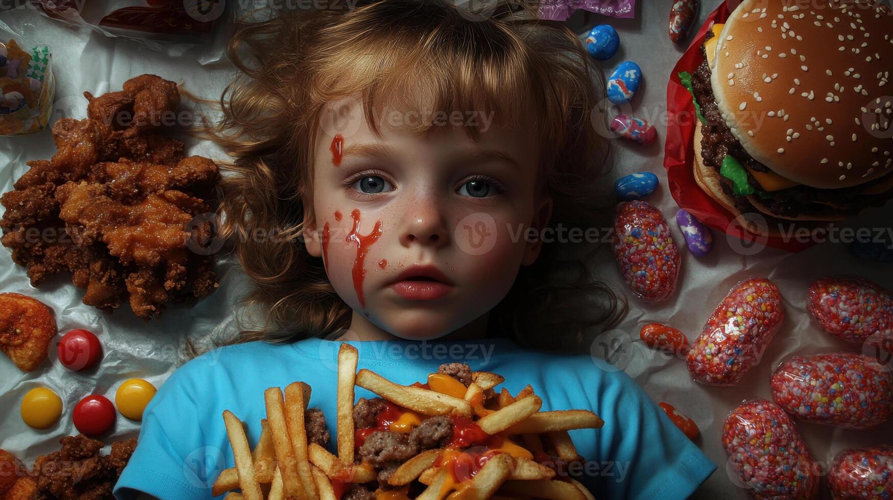 Child lying down covered in junk food, illustrating childhood obesity photo