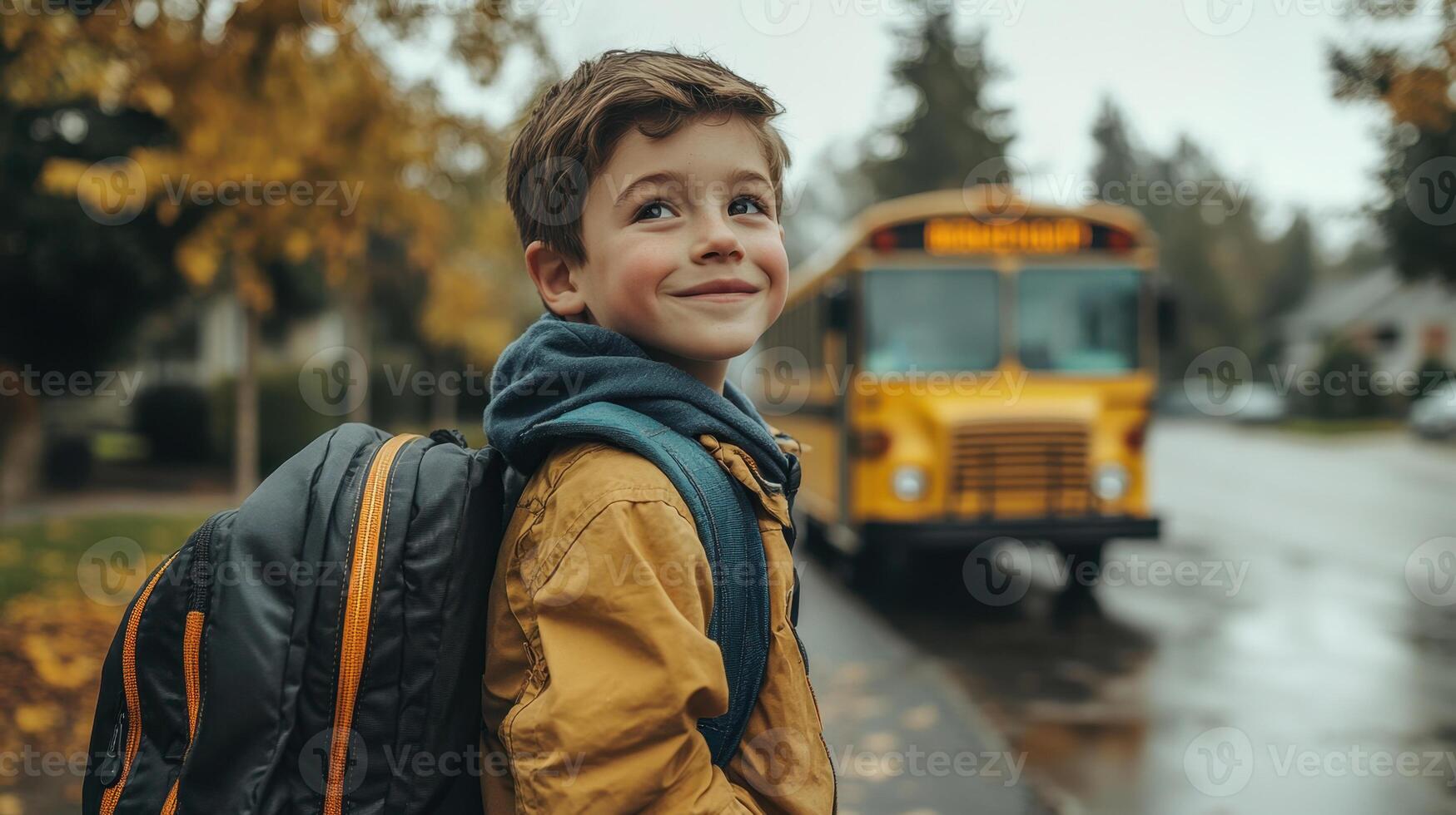 Smiling boy with backpack waiting for school bus in autumn photo