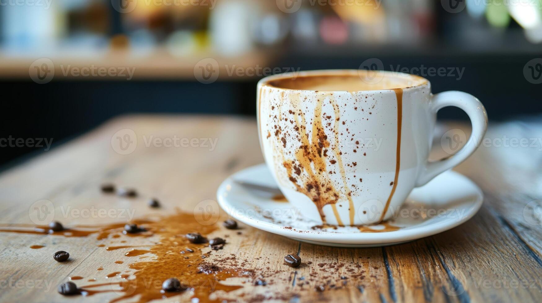 Messy coffee cup spilling on table with coffee beans and cocoa powder photo