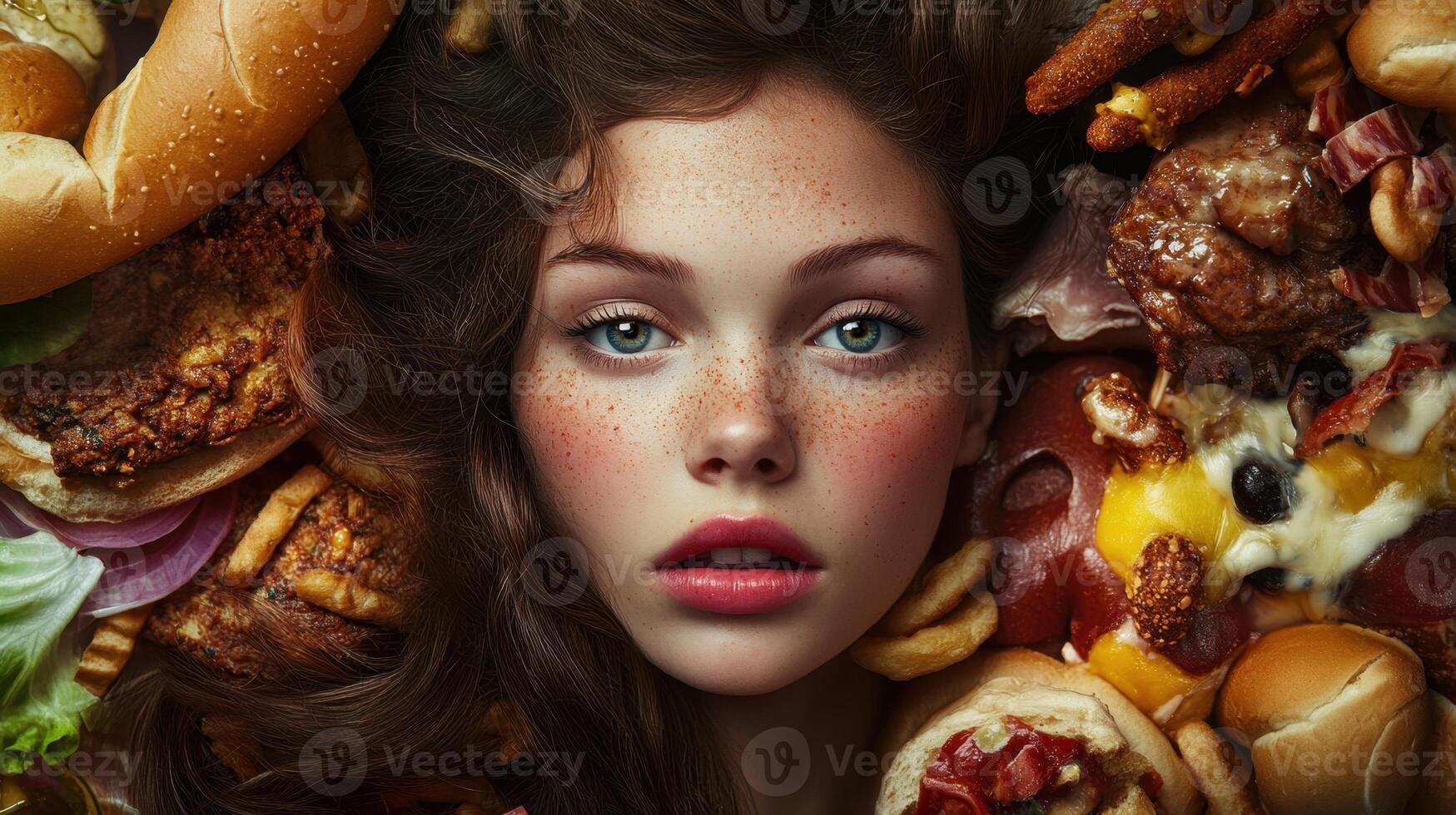 Pretty model lying on junk food for conceptual portrait representing gluttony photo
