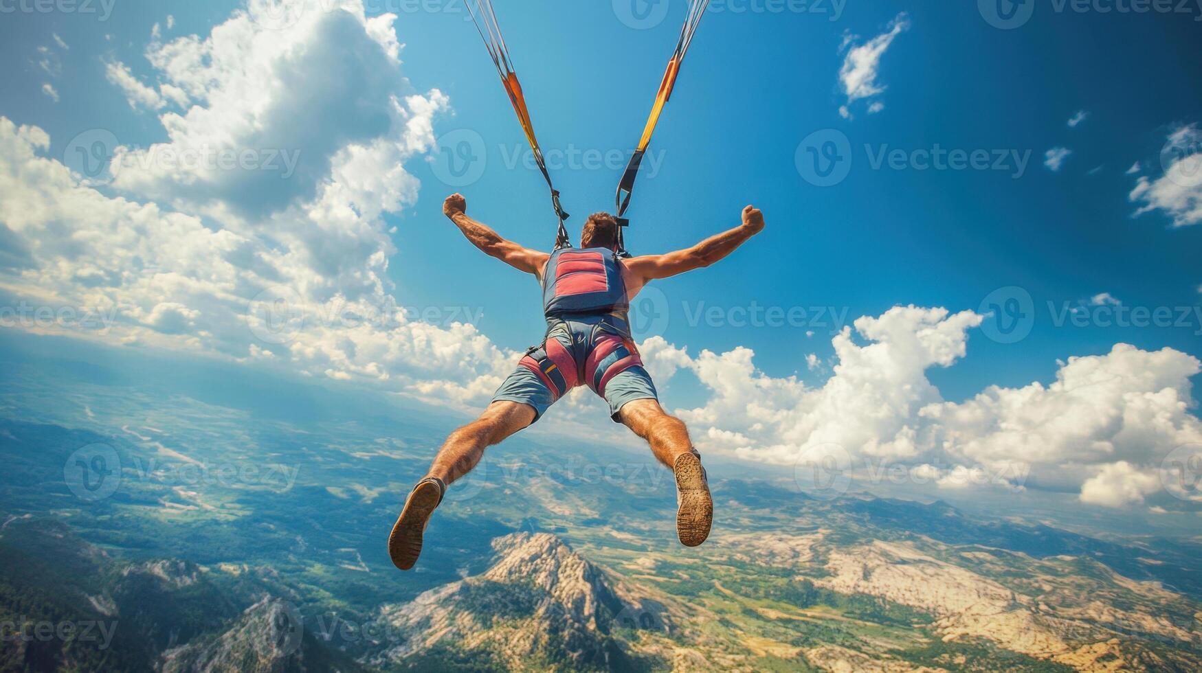 Skydiver celebrating while falling from the sky above mountains photo