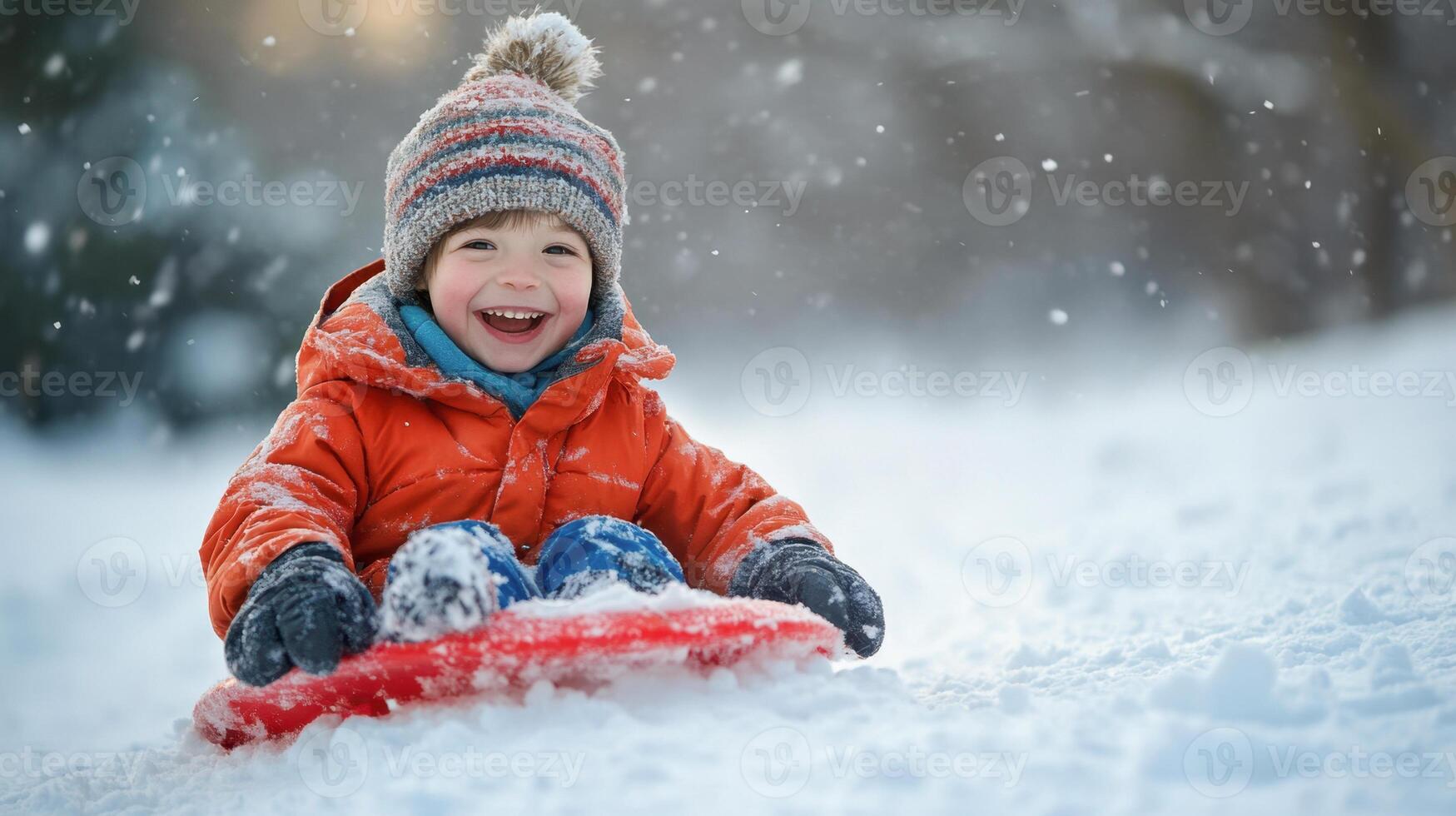 Happy child sliding downhill on red sled in snowy winter wonderland photo