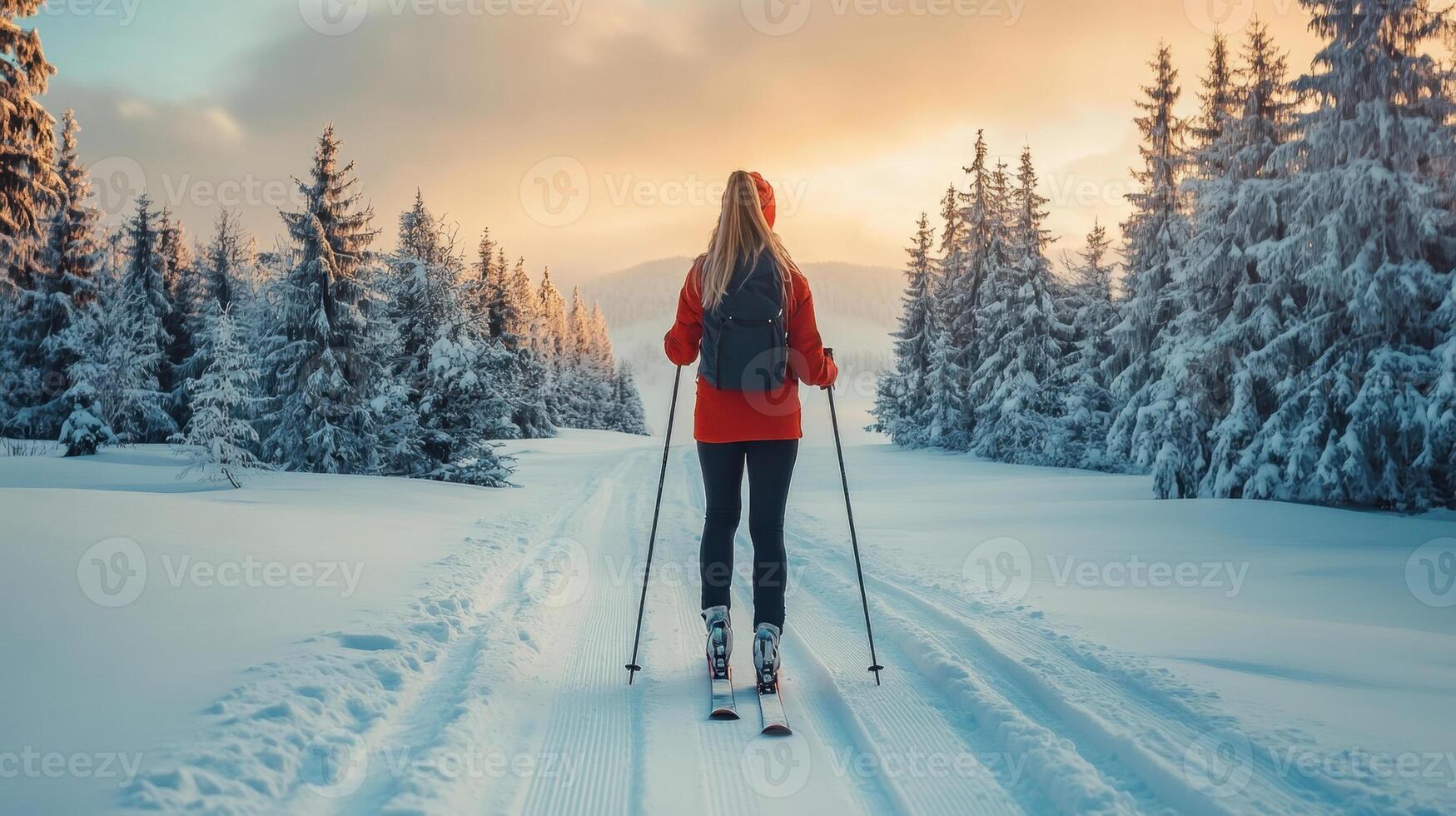 Sportswoman cross-country skiing in scenic winter wonderland at sunset photo
