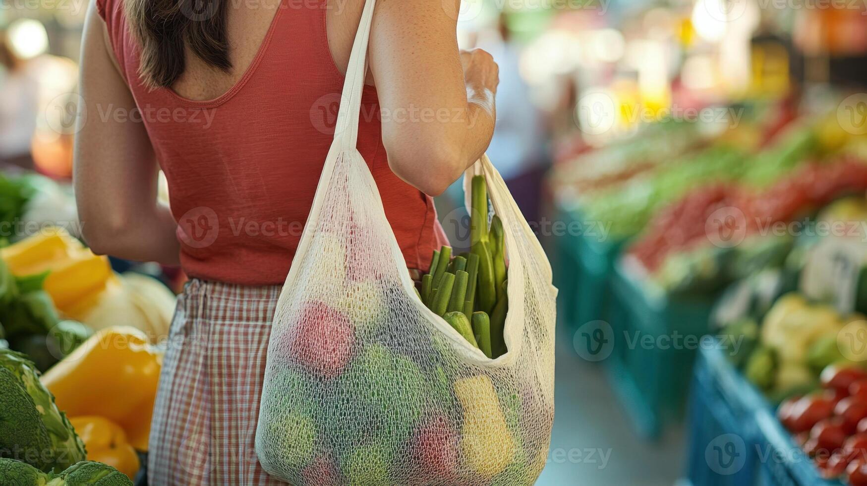 Woman holding reusable shopping bag filled with fresh vegetables at farmers market photo