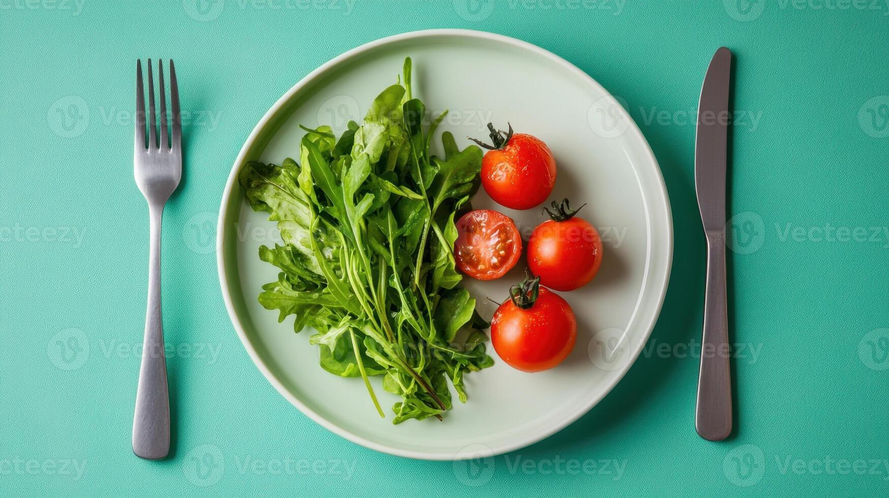Fresh arugula and cherry tomatoes served on plate with fork and knife on turquoise background photo