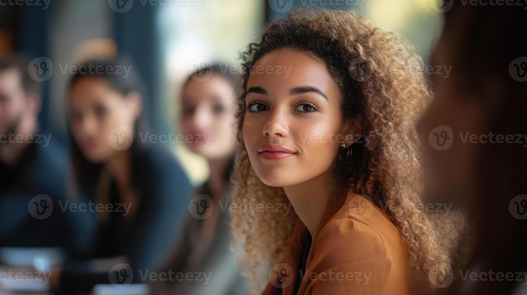 Confident young woman attending business meeting or university lecture photo