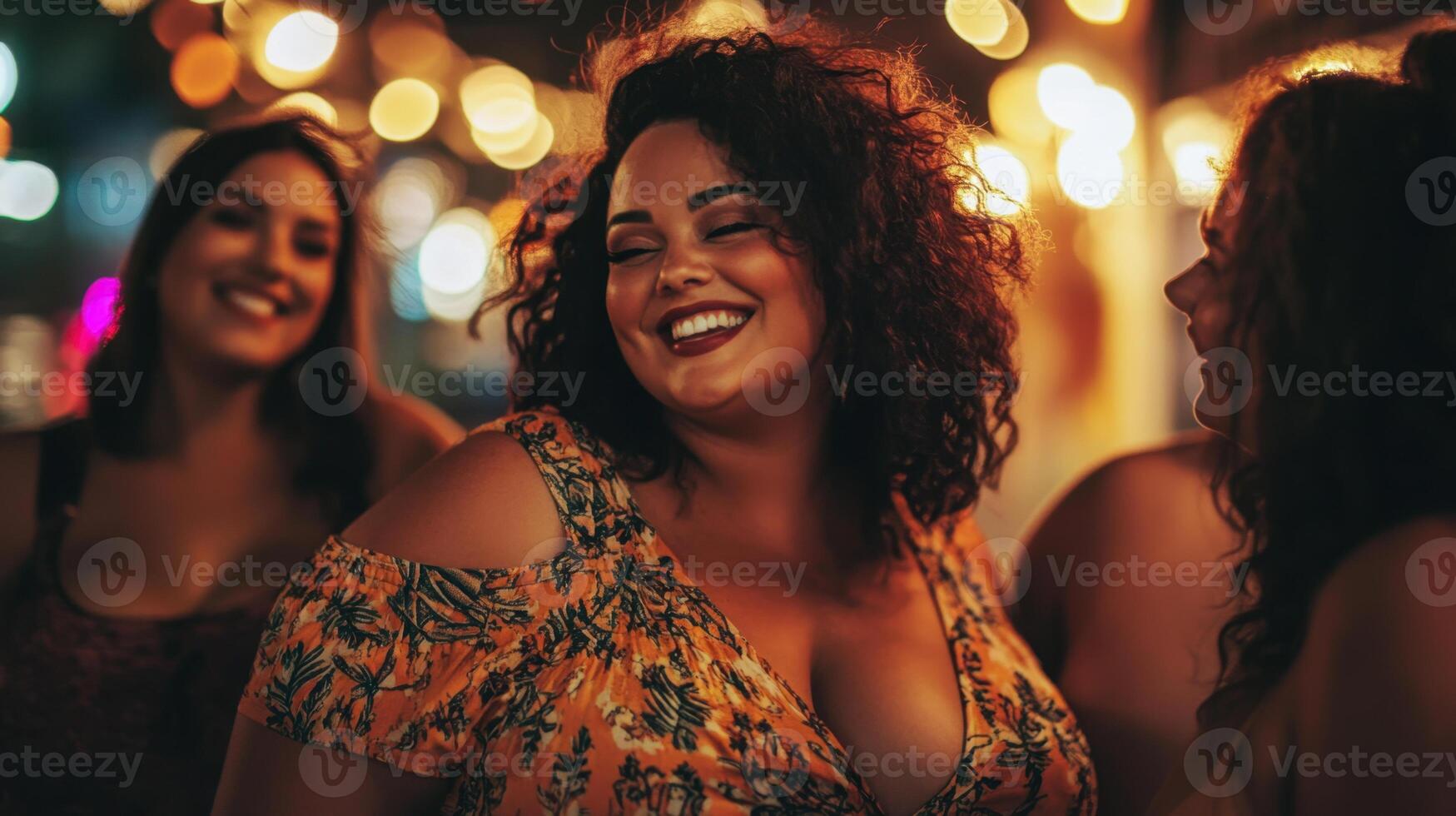 Plus-size woman smiling and enjoying with friends at night party photo