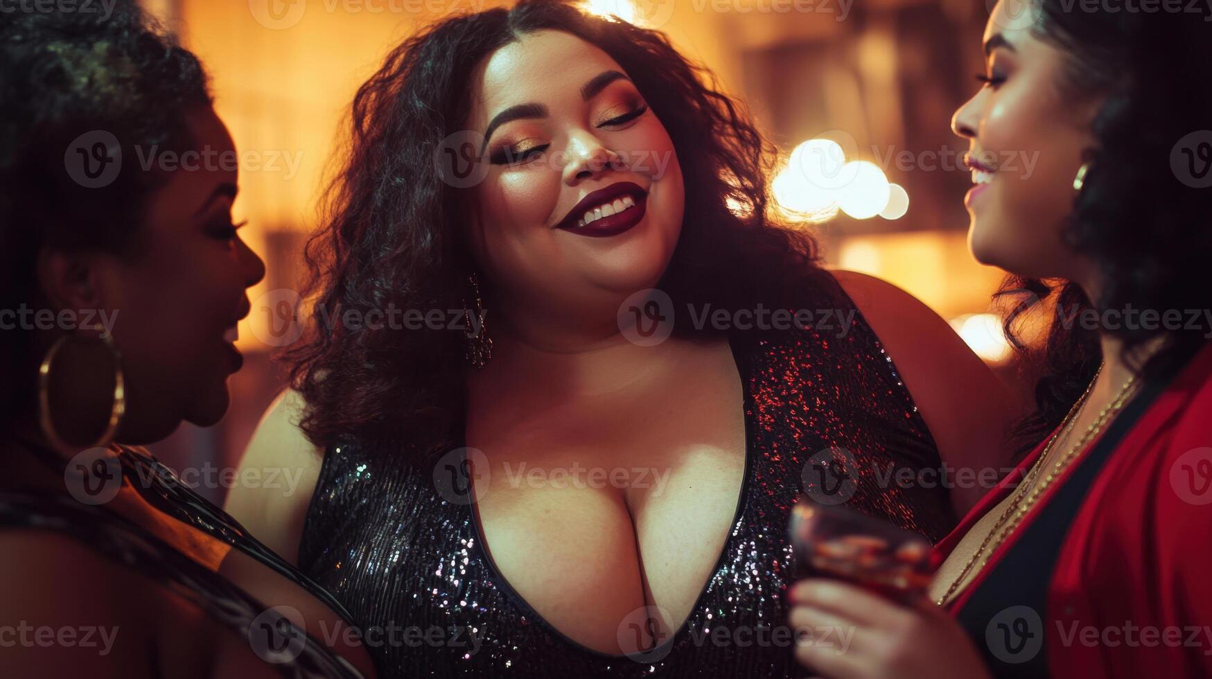 Curvy women having fun together at the disco, chatting and drinking cocktails photo